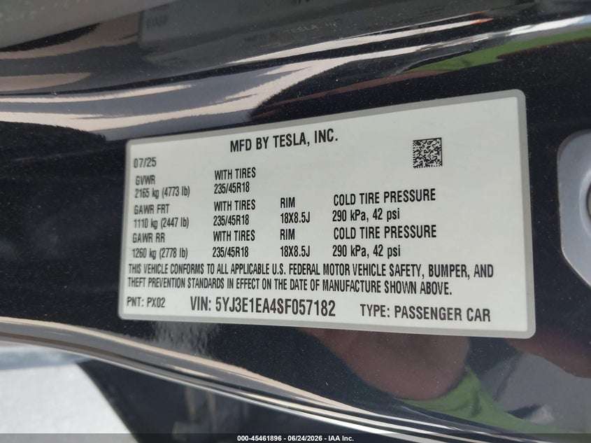 TESLA MODEL 3 2025 VIN 5YJ3E1EA4SF057182