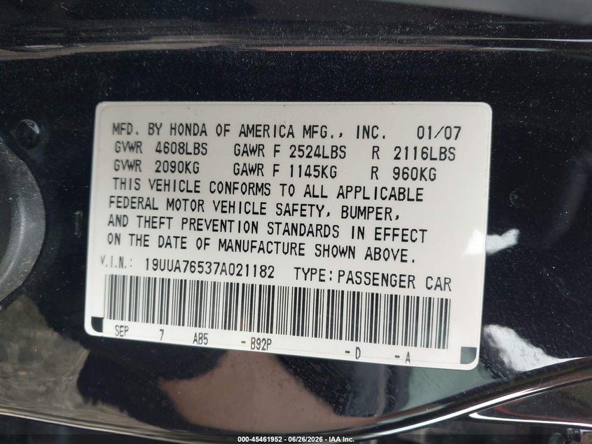 2007 Acura Tl Type S VIN: 19UUA76537A021182 Lot: 45461952