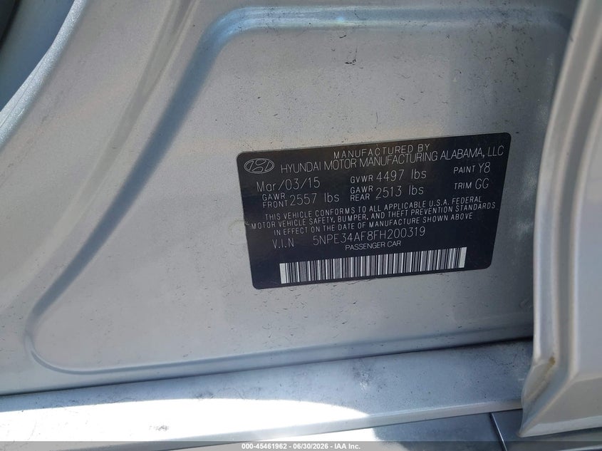 HYUNDAI SONATA 2015 VIN 5NPE34AF8FH200319