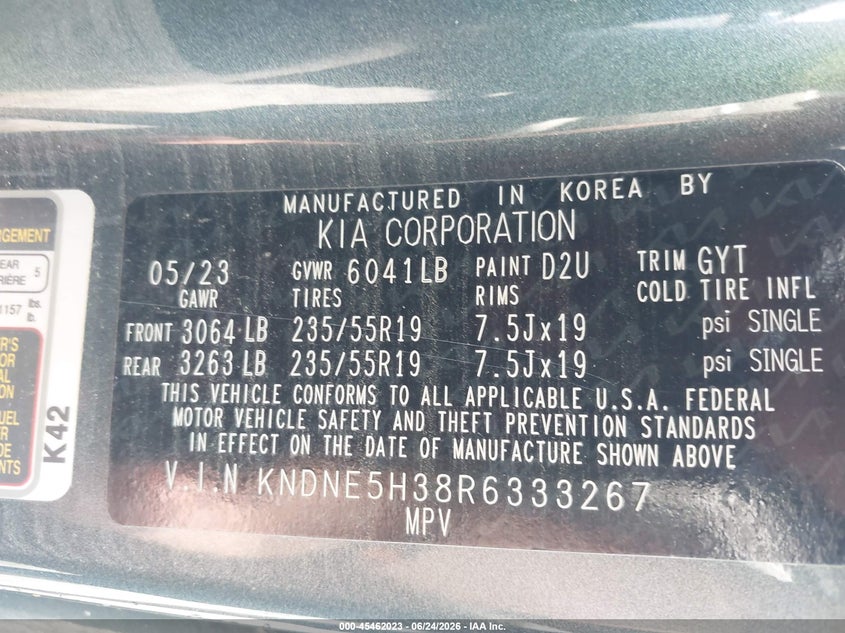 2024 Kia Carnival Mpv Sx Prestige VIN: KNDNE5H38R6333267 Lot: 45462023