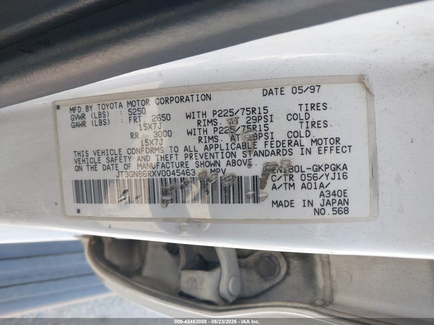1997 Toyota 4Runner Sr5 V6 VIN: JT3GN86RXV0045463 Lot: 45462088