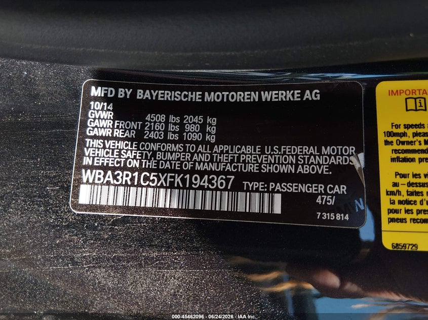 2015 BMW 435I VIN: WBA3R1C5XFK194367 Lot: 45462096