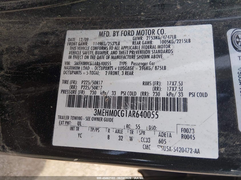 2010 Mercury Milan Premier VIN: 3MEHM0CG1AR640055 Lot: 45462103