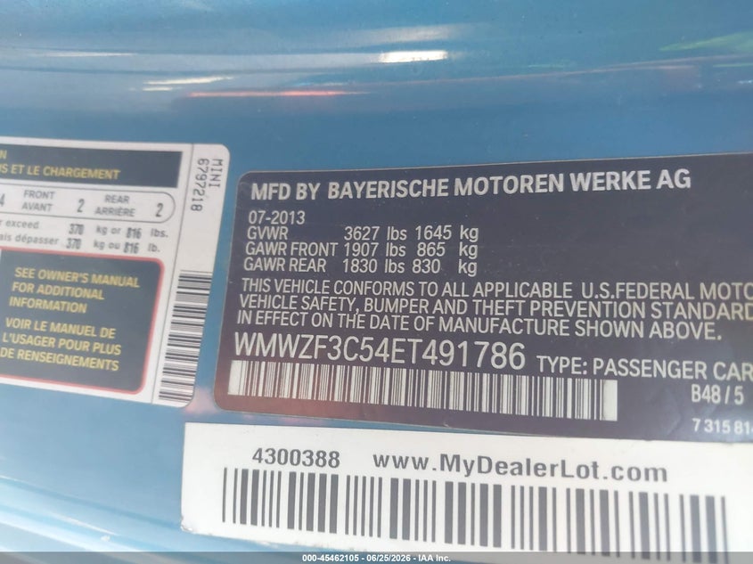 2014 Mini Clubman Cooper VIN: WMWZF3C54ET491786 Lot: 45462105