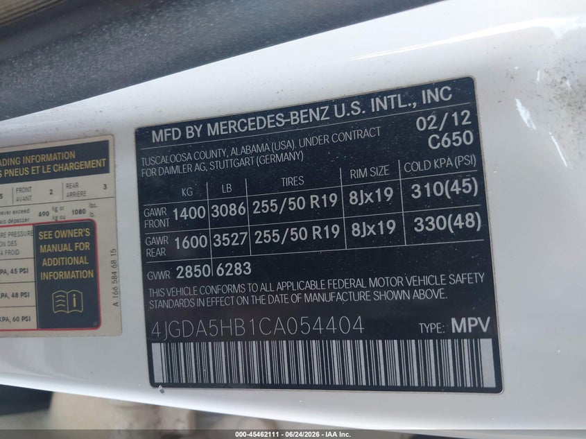 2012 Mercedes-Benz Ml 350 4Matic VIN: 4JGDA5HB1CA054404 Lot: 45462111