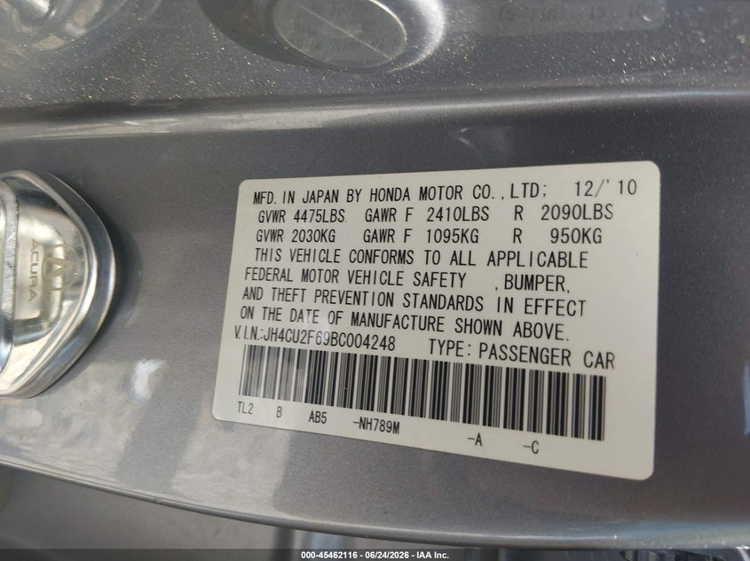 2011 Acura Tsx 2.4 VIN: JH4CU2F69BC004248 Lot: 45462116
