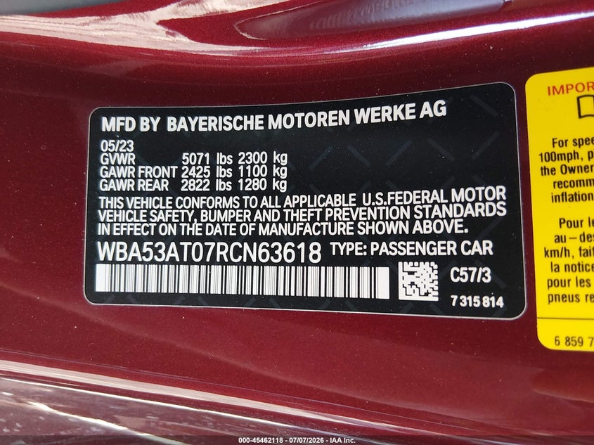 2024 BMW M440I VIN: WBA53AT07RCN63618 Lot: 45462118