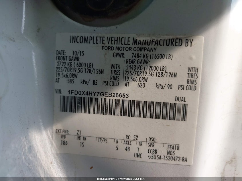 2016 Ford F-450 Chassis Xl VIN: 1FD0X4HY7GEB26653 Lot: 45462128