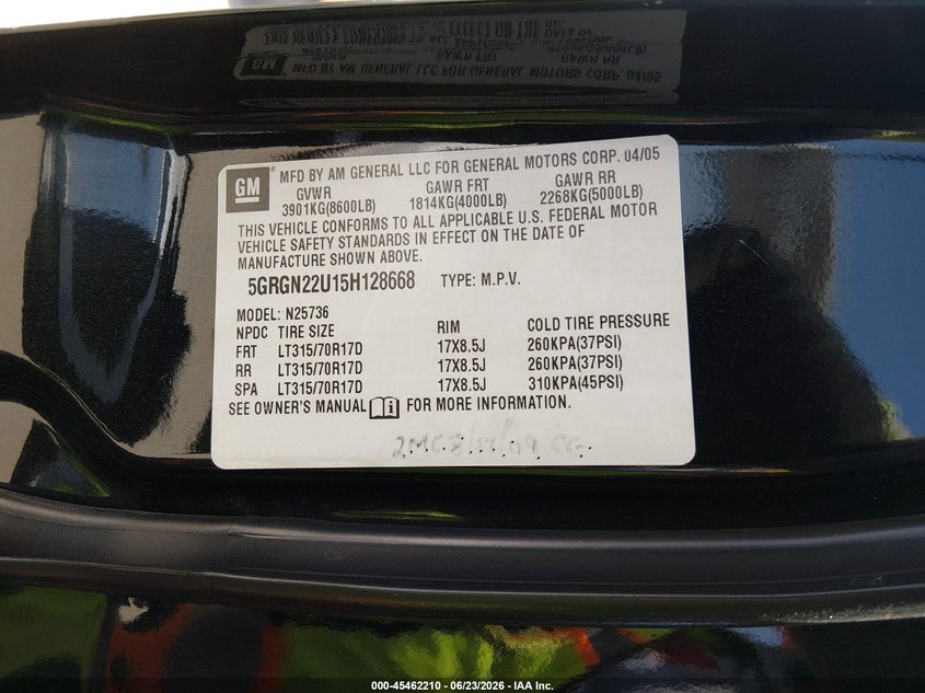 2005 Hummer H2 Sut VIN: 5GRGN22U15H128668 Lot: 45462210