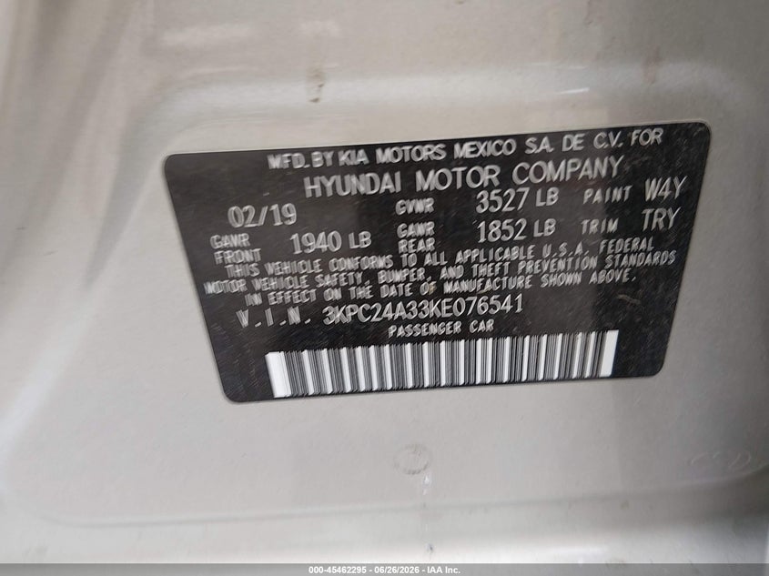 2019 HYUNDAI ACCENT SEDAN 1.6L I-4 DI, DOHC, VVT, 130HP