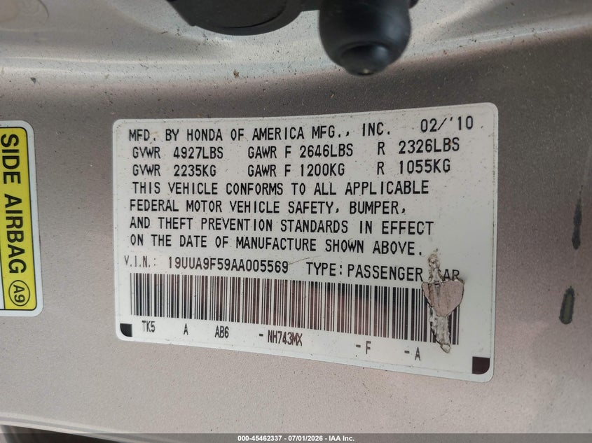 2010 Acura Tl 3.7 VIN: 19UUA9F59AA005569 Lot: 45462337