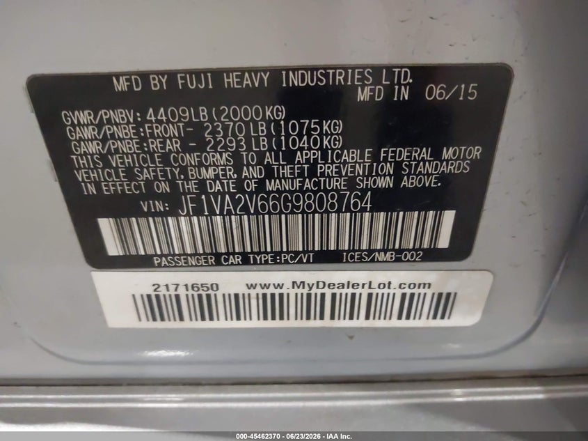 2016 Subaru Wrx Sti VIN: JF1VA2V66G9808764 Lot: 45462370