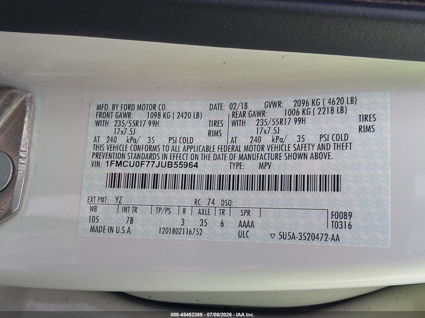 2018 Ford Escape S VIN: 1FMCU0F77JUB55964 Lot: 45462389