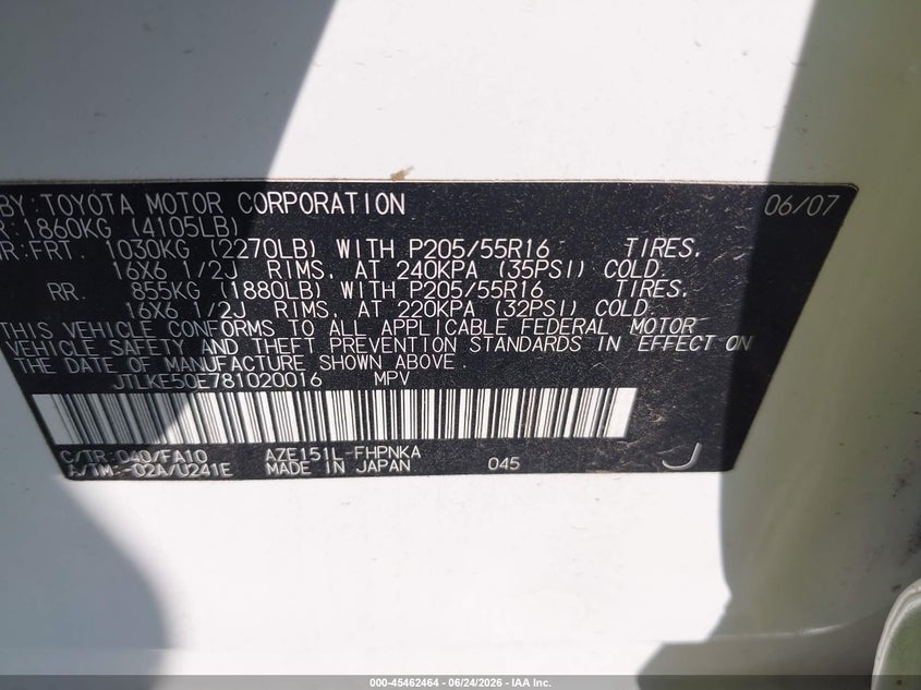 2008 Scion Xb VIN: JTLKE50E781020016 Lot: 45462464