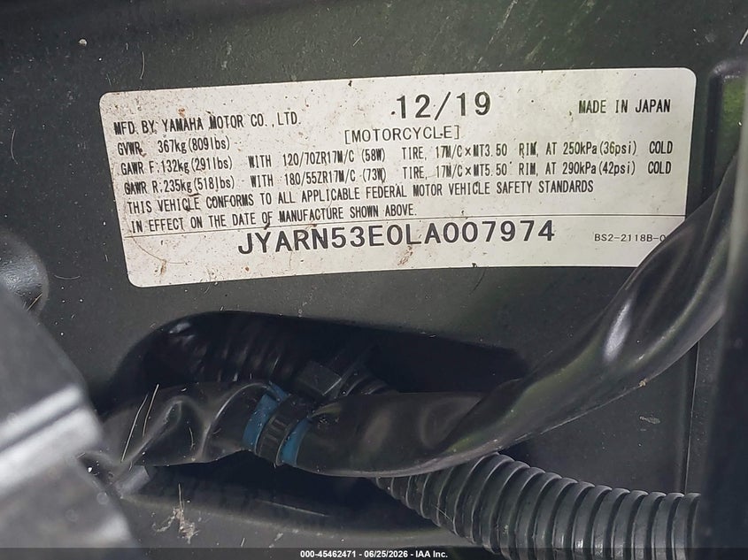 2020 Yamaha Mt09 VIN: JYARN53E0LA007974 Lot: 45462471