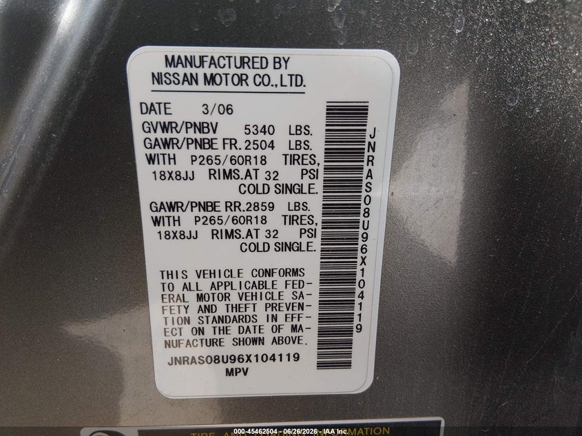 2006 Infiniti Fx35 VIN: JNRAS08U96X104119 Lot: 45462504