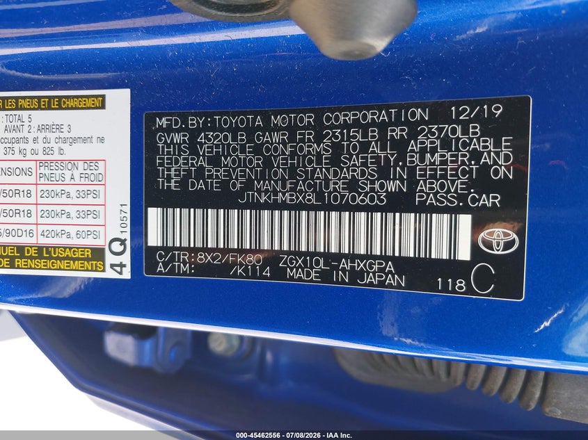2020 Toyota C-Hr Xle VIN: JTNKHMBX8L1070603 Lot: 45462556
