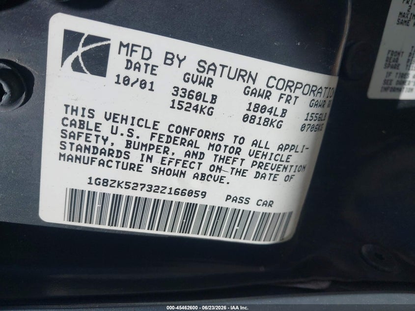 2002 Saturn S-Series Sl2 VIN: 1G8ZK52732Z166059 Lot: 45462600