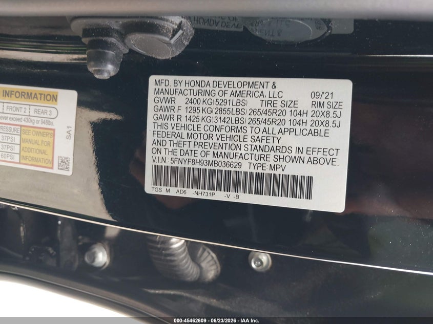 2021 Honda Passport Awd Touring VIN: 5FNYF8H93MB036629 Lot: 45462609