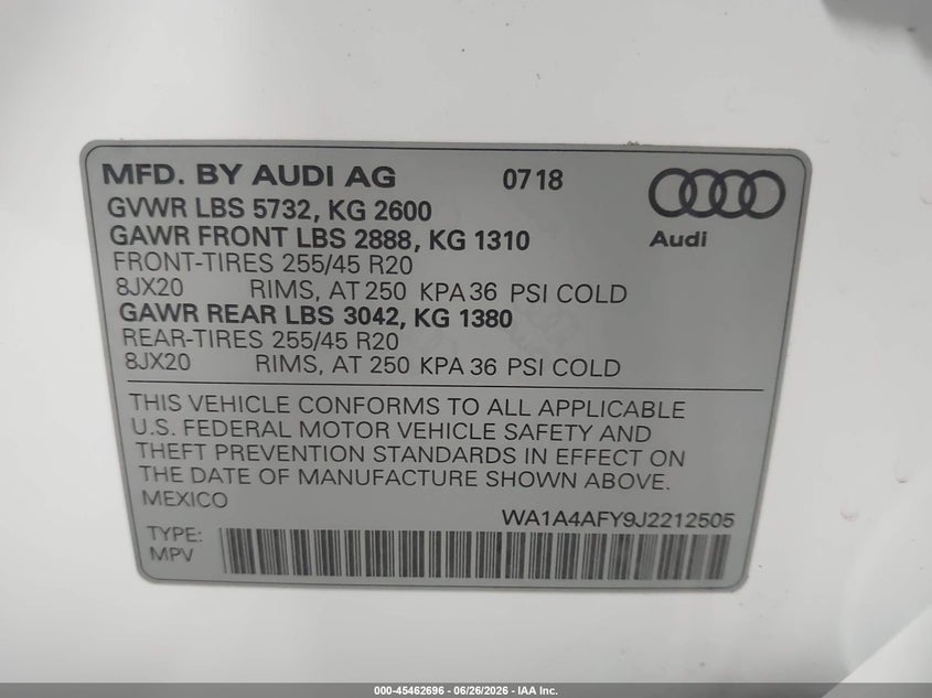 2018 Audi Sq5 3.0T Premium Plus VIN: WA1A4AFY9J2212505 Lot: 45462696