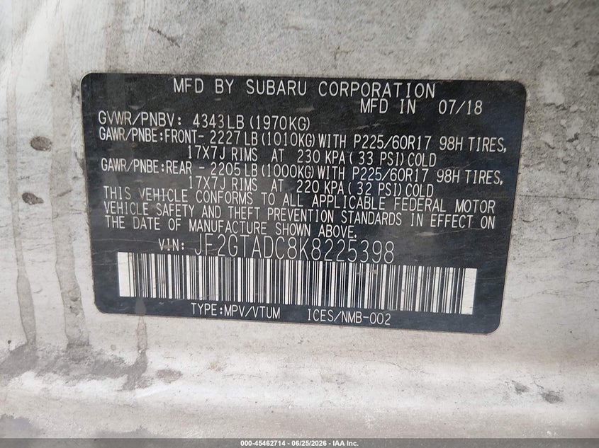 SUBARU CROSSTREK 2019 VIN JF2GTADC8K8225398
