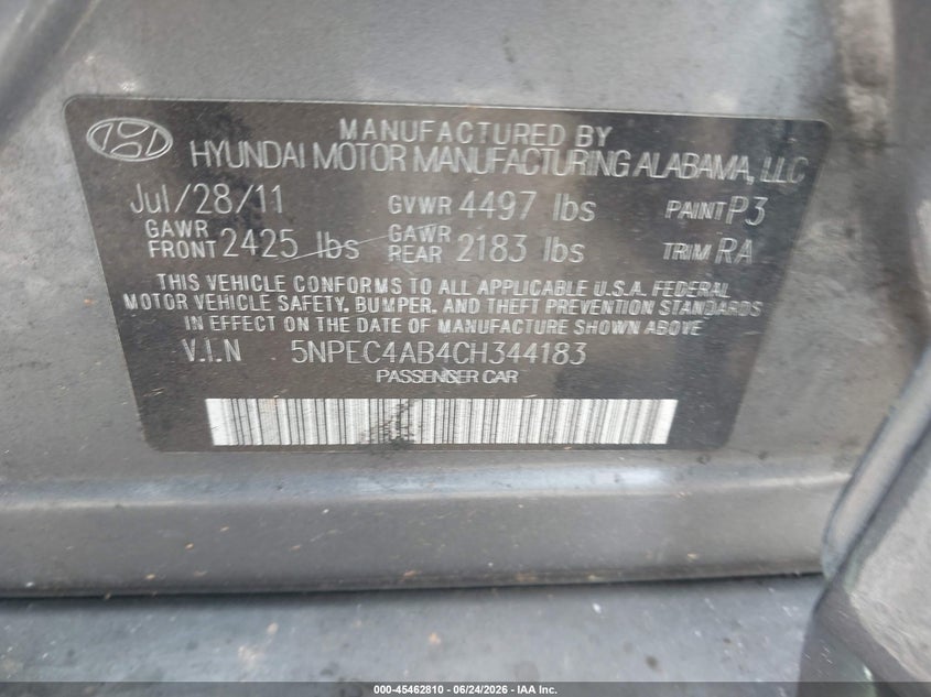 2012 Hyundai Sonata Limited 2.0T VIN: 5NPEC4AB4CH344183 Lot: 45462810