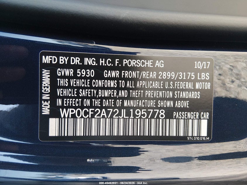 2018 Porsche Panamera Sport Turismo Turbo VIN: WP0CF2A72JL195778 Lot: 45462851