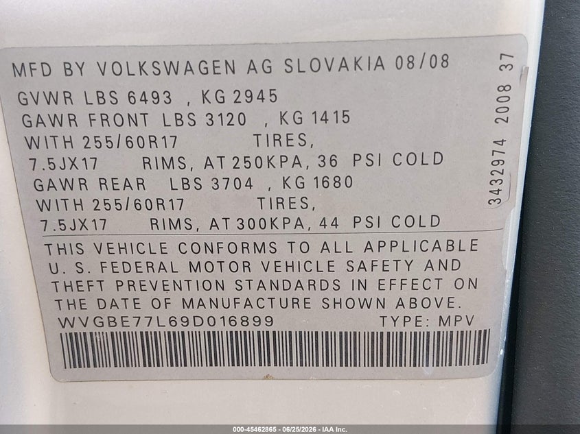 2009 Volkswagen Touareg 2 Vr6 Fsi VIN: WVGBE77L69D016899 Lot: 45462865