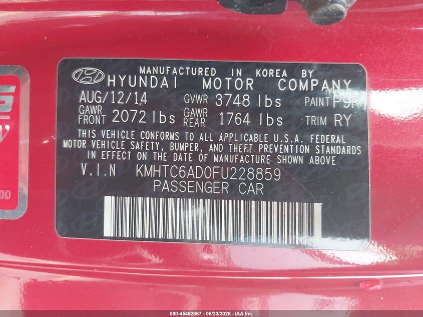 2015 Hyundai Veloster VIN: KMHTC6AD0FU228859 Lot: 45462867