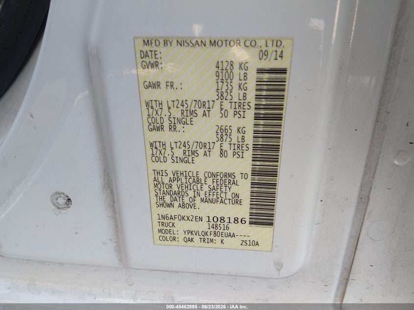 2014 Nissan Nv Cargo Nv2500 Hd S V8 VIN: 1N6AF0KX2EN108186 Lot: 45462895