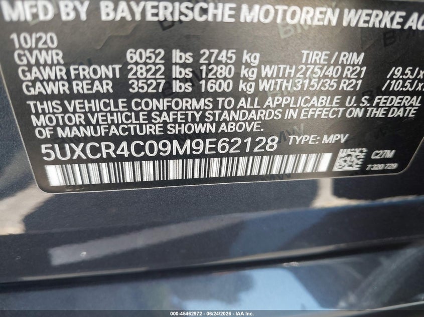 2021 BMW X5 SPORT UTILITY VEHICLE 3.0L I-6 DI, DOHC, VVT, TURBO, 335HP