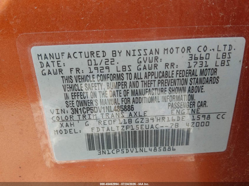 NISSAN KICKS 2022 VIN 3N1CP5DV1NL485886