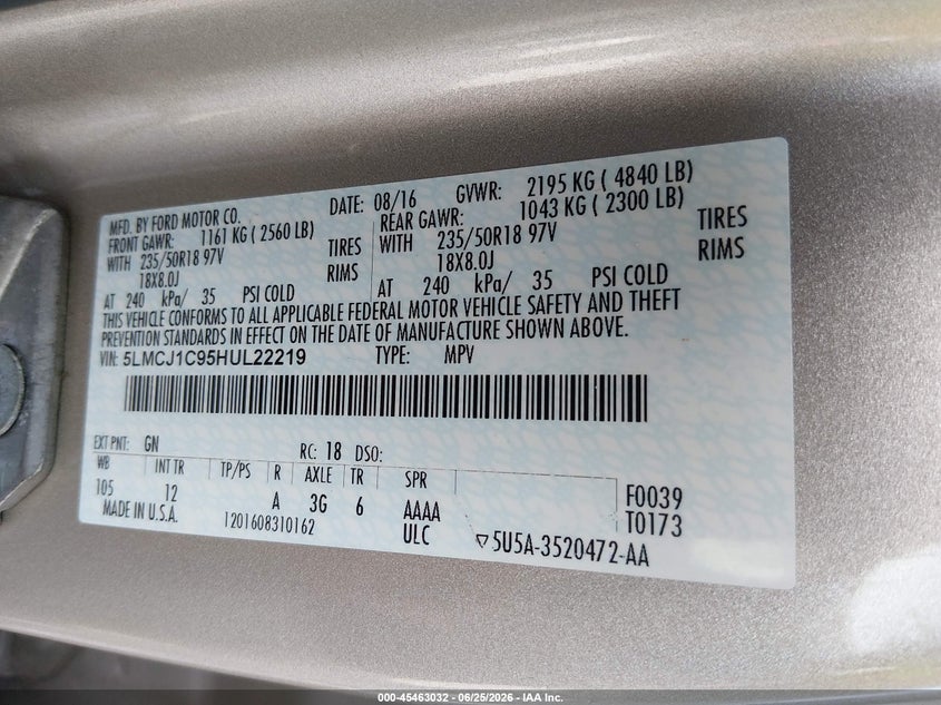 2017 Lincoln Mkc Premiere VIN: 5LMCJ1C95HUL22219 Lot: 45463032