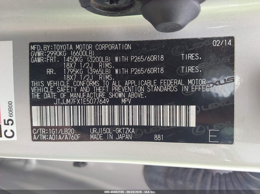 2014 Lexus Gx 460 Luxury VIN: JTJJM7FX1E5077649 Lot: 45463100