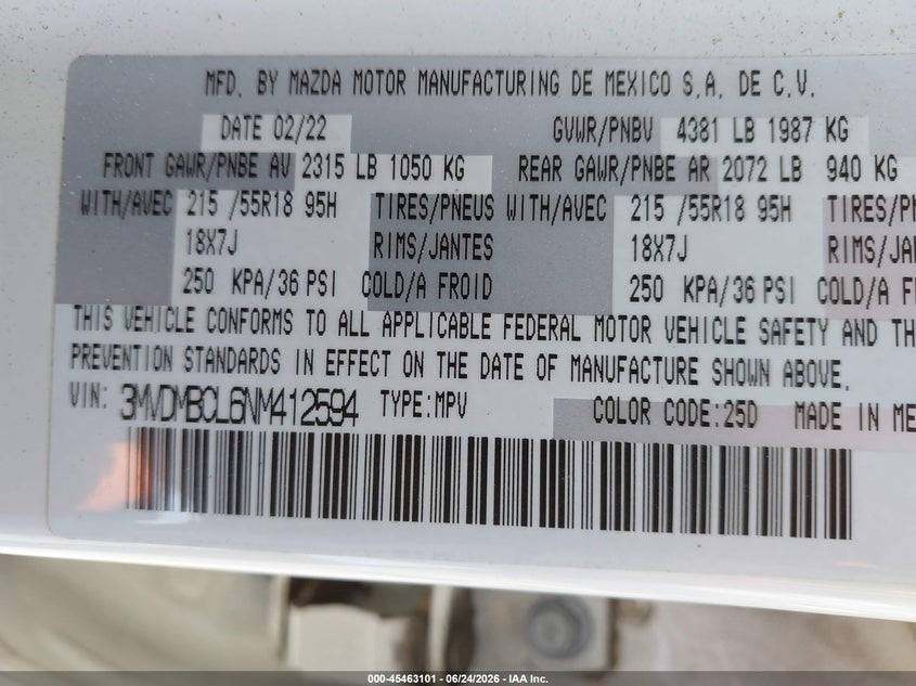 MAZDA CX-30 2022 VIN 3MVDMBCL6NM412594