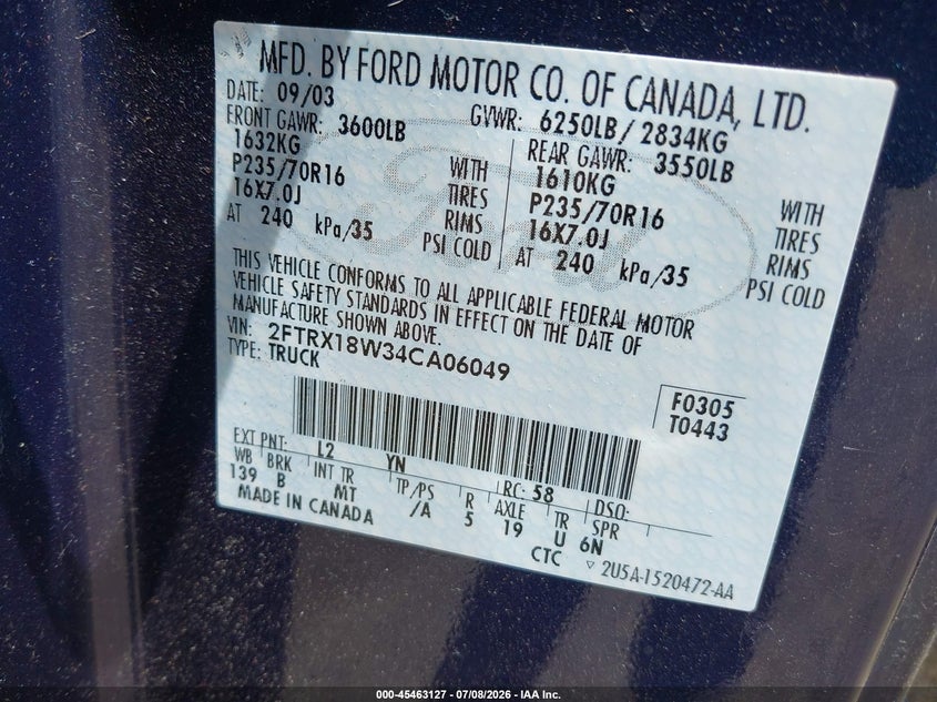FORD F-150 HERITAGE 2004 VIN 2FTRX18W34CA06049