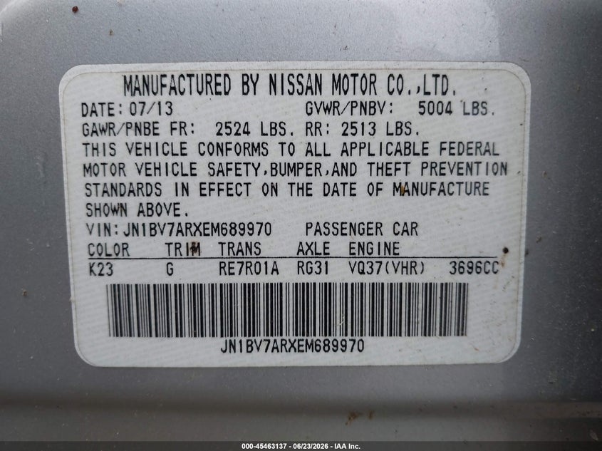 INFINITI Q50 2014 VIN JN1BV7ARXEM689970