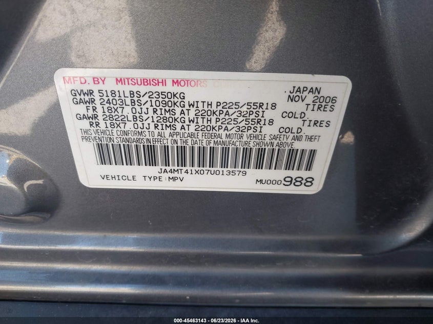 2007 MITSUBISHI OUTLANDER SPORT UTILITY VEHICLE 3.0L V-6 VVT, 220HP