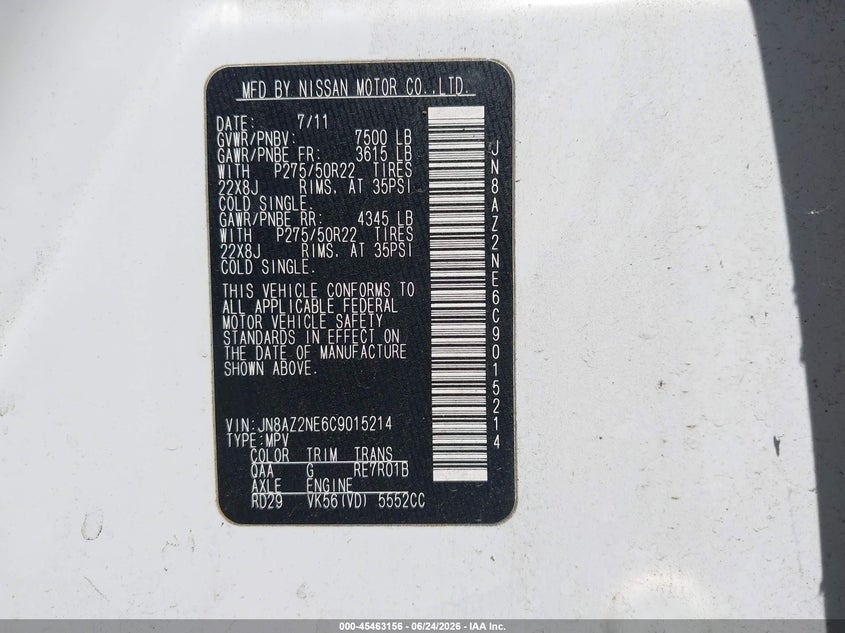 2012 Infiniti Qx56 VIN: JN8AZ2NE6C9015214 Lot: 45463156