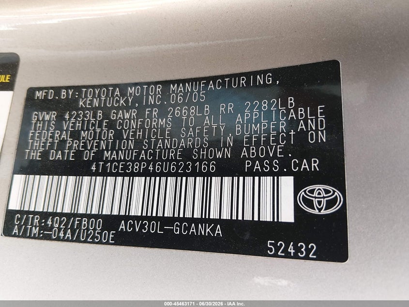 2006 Toyota Camry Solara Se VIN: 4T1CE38P46U623166 Lot: 45463171