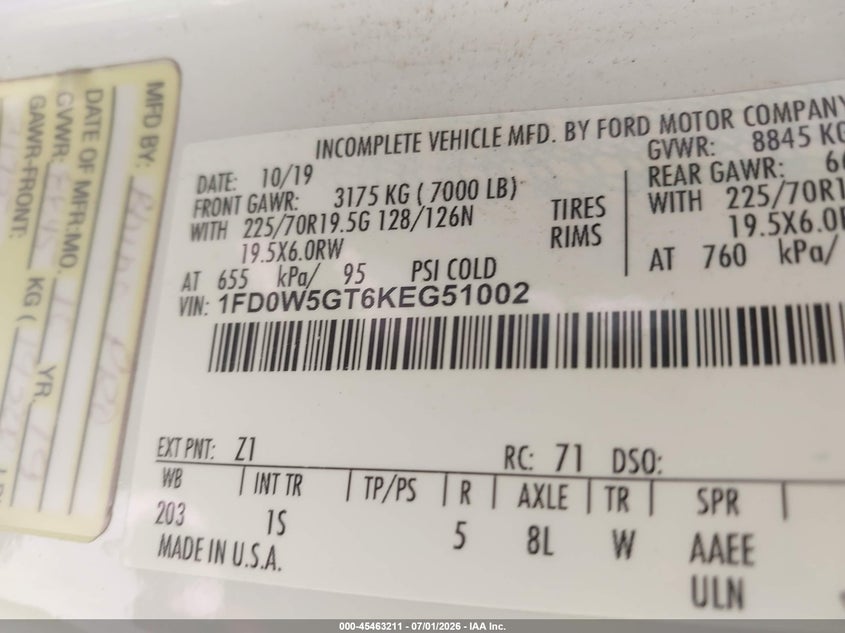 2019 Ford F-550 Chassis Lariat/Xl/Xlt VIN: 1FD0W5GT6KEG51002 Lot: 45463211