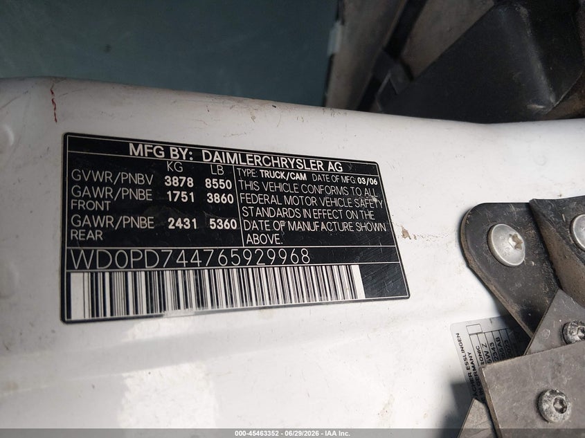 2006 Dodge Sprinter Van 2500 Shc VIN: WD0PD744765929968 Lot: 45463352