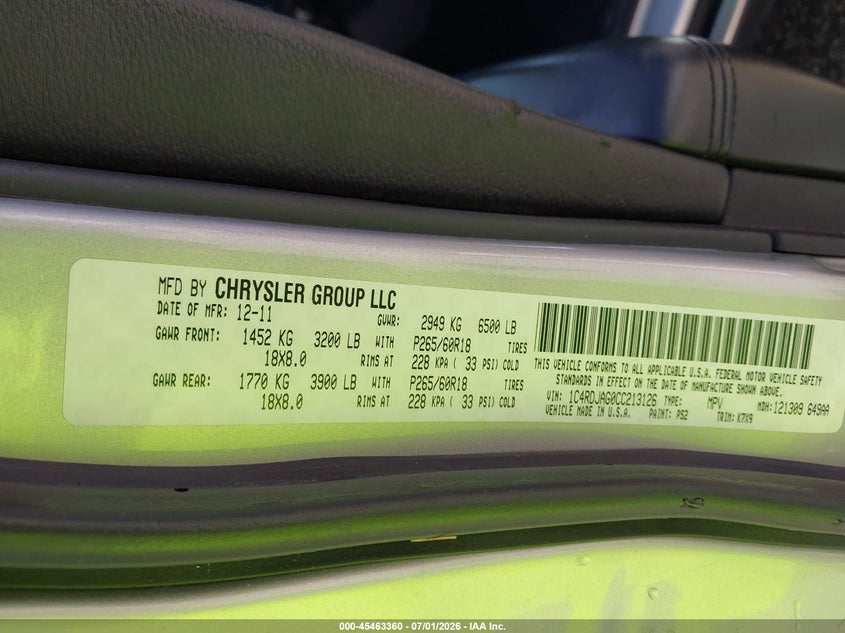 2012 Dodge Durango Sxt VIN: 1C4RDJAG0CC213126 Lot: 45463360