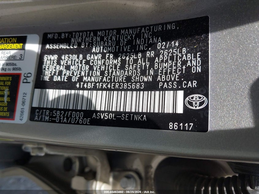 TOYOTA CAMRY 2014 VIN 4T4BF1FK4ER385683