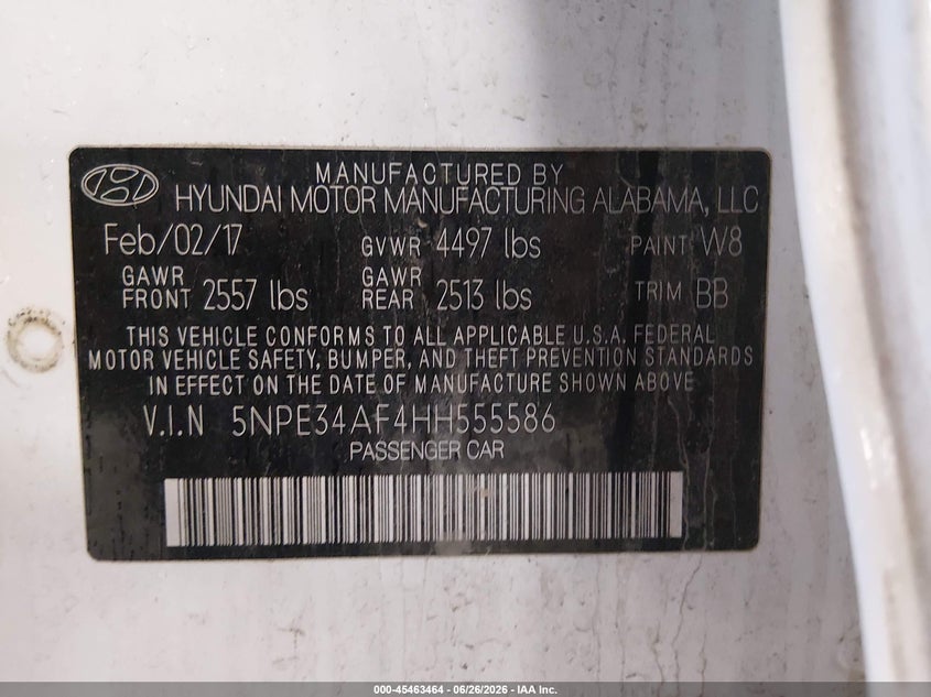 2017 HYUNDAI SONATA SEDAN 2.4L I-4 DI, DOHC, VVT, 185HP