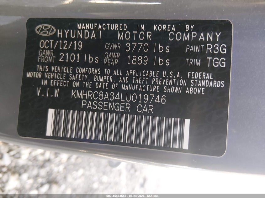 2020 Hyundai Venue Sel VIN: KMHRC8A34LU019746 Lot: 45463545