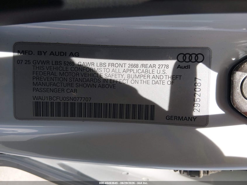 2025 Audi All-New A5 Premium Tfsi Quattro S Tronic VIN: WAU1BCFU0SN077707 Lot: 45463645