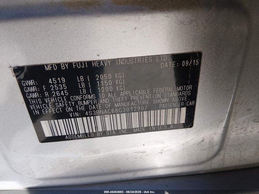 2016 SUBARU LEGACY SEDAN 2.5L H-4 DOHC, VVT, 175HP