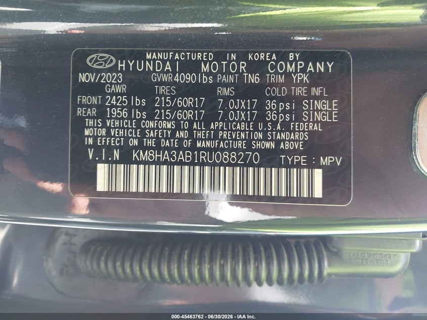 2024 Hyundai Kona Se VIN: KM8HA3AB1RU088270 Lot: 45463762