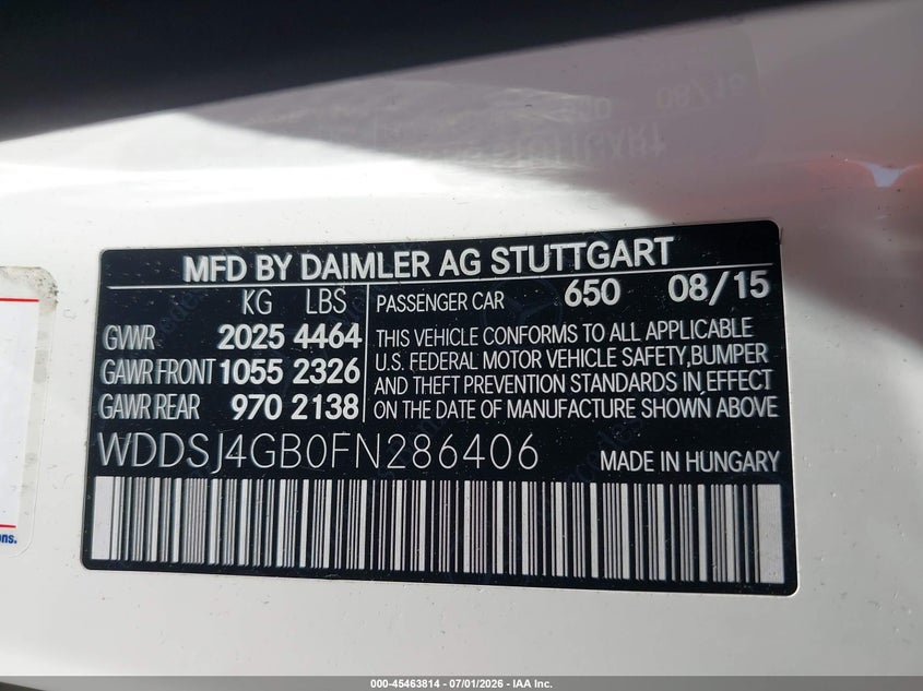 2015 Mercedes-Benz Cla 250 4Matic VIN: WDDSJ4GB0FN286406 Lot: 45463814